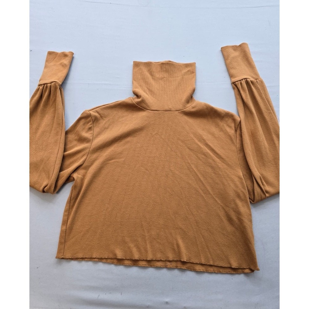 Forever 21 Womens Small Ribbed Turtleneck Crop Top Mustard Brown Balloon Sleeve